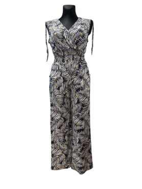 Jumpsuit ärmellos | Weiß-Blau-Gold Palmenprint | Viskose | Onesize 40–46