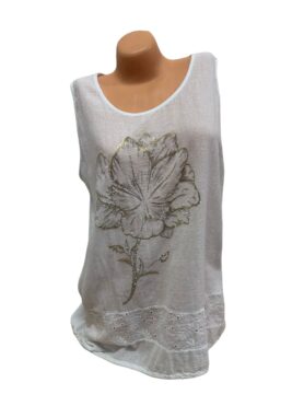 top (ärmelos) | weiß mit glitzerblume | baumwoll-leinen | Onesize 42–46
