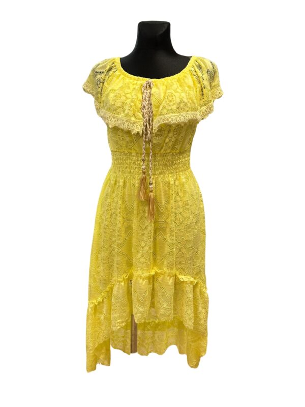 Sommerkleid gelb Spitze – Vorderansicht des Spitzenkleids in Gelb aus Italien