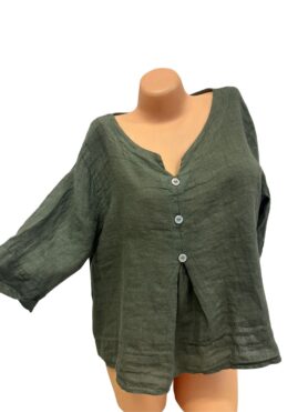 Leichte Leinenbluse | V-Ausschnitt | Dunkelgrün | Onesize 40–44