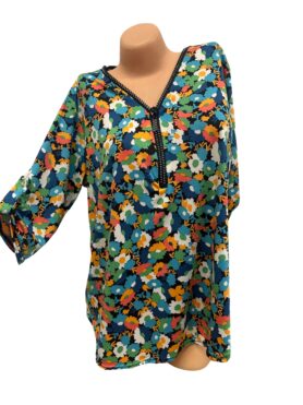 Bunte Sommerbluse | V-Ausschnitt mit Zipper | Blumenmuster | Onesize 44–46