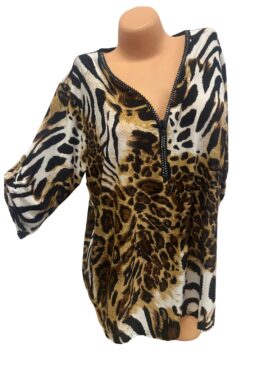 Animalprint Bluse | V-Ausschnitt mit Zipper | Onesize 44–46