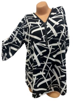 Grafikprint Bluse | V-Ausschnitt mit Zipper | Schwarz-Weiß | Onesize 44–46