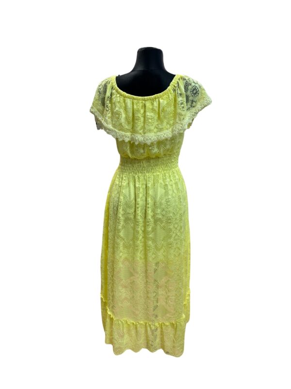 Sommerkleid gelb Spitze – Rückansicht mit Spitzenmuster und elastischer Taille