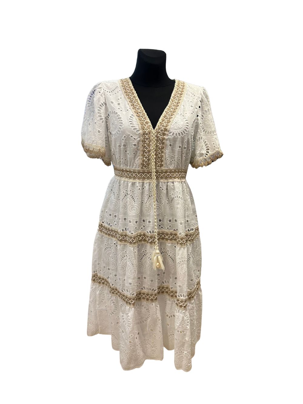 Midikleid kurzarm | Creme Stickerei | Baumwollmix | Onesize 40–44